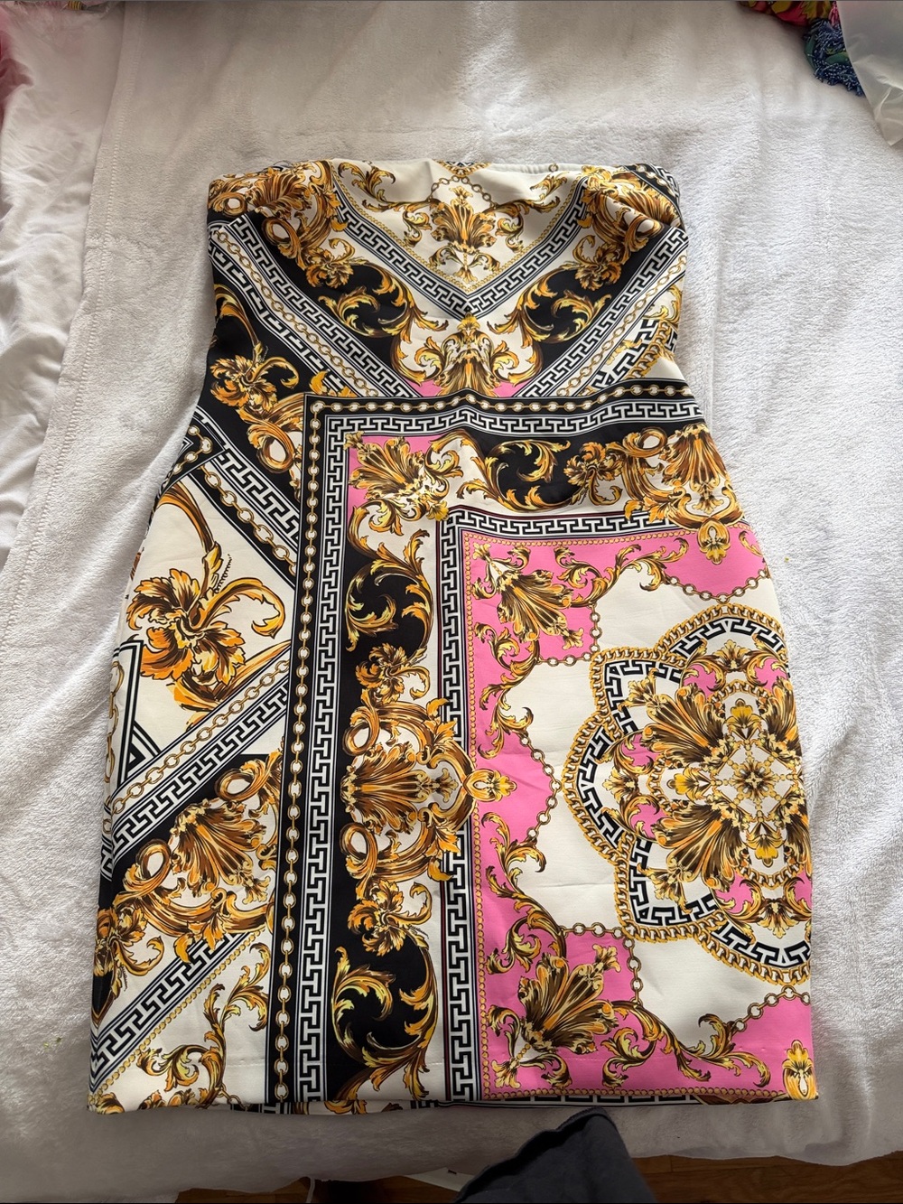 Marciano Strapless Baroque Print Bodycon Dress in Pink, Gold, Black and Cream